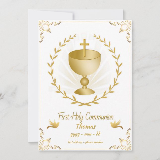 Guld Kor Chalice First Communion Inbjudningar (Framsida)