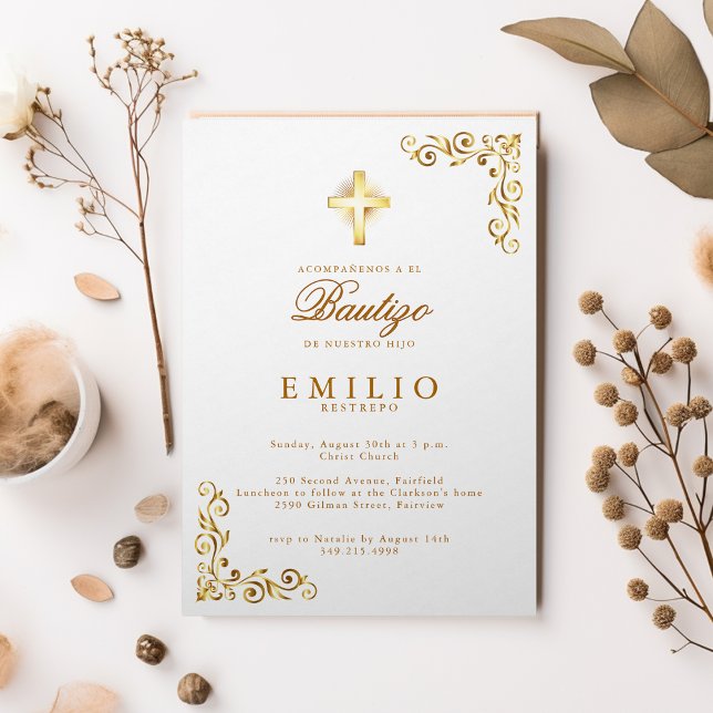 Guld Kor De Bautizo Spansk Gender Neutral White Inbjudningar (Gold Cross De Bautizo Spanish Gender Neutral White Invitation)