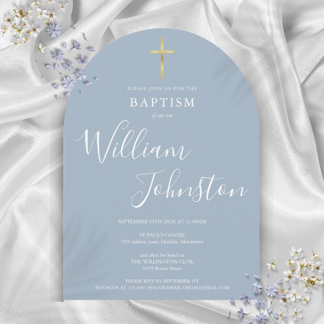 Guld Kor Dusty Blue Arch Baptism Christening Inbjudningar (Gold Cross Dusty Blue Arch Baptism Christening Invitation)