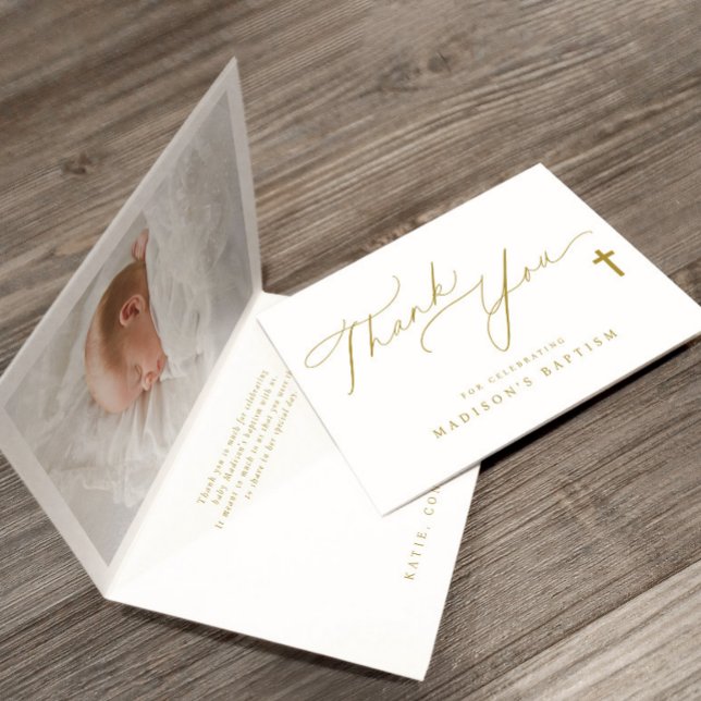 Guld Kor Elegant Fotodobaptism Tack Kort (Baptism thank you cards - elegant gold cross simple design with baby's photo on inside of card.)