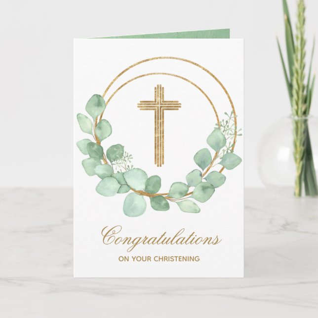 Guld Kor Eucalyptus Christening Kort (Framsida)
