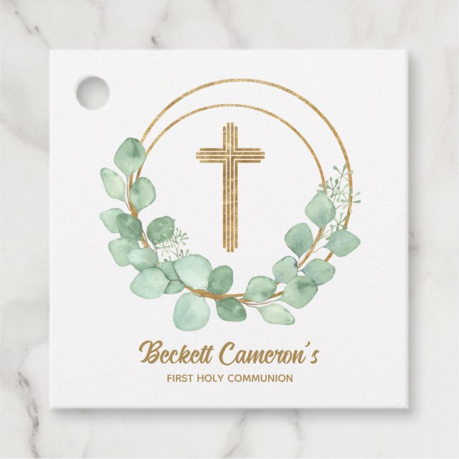 Guld Kor Eucalyptus Communion Gåvor Etiketter (Framsida)