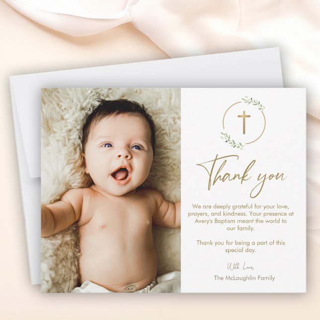 Guld Kor Greenery Wandeine Baptism Foto Tack Kort (Baptism thank you photo baby card, gold cross, botanical wreath.)