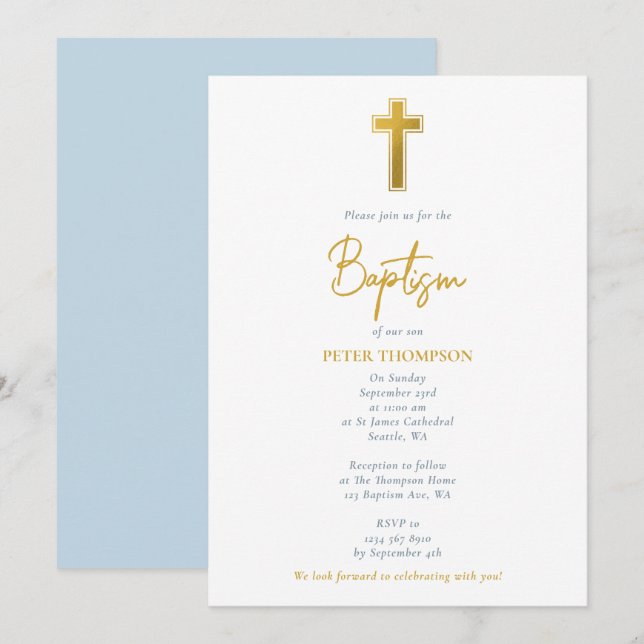 Guld Kor Hand skrev skript Boy Baptism Inbjudningar (Fram/baksida)