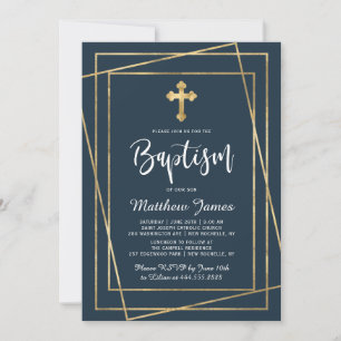 Guld Kor Modern skript Navy Blue Boy Baptism Inbjudningar