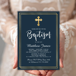 Guld Kor Modern skript Navy Blue Boy Baptism Inbjudningar