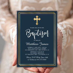 Guld Kor Modern skript Navy Blue Boy Baptism Inbjudningar