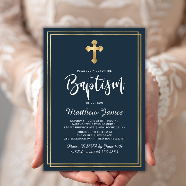Guld Kor Modern skript Navy Blue Boy Baptism Inbjudningar (Skapare uppladdad)