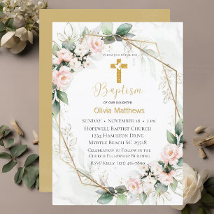 Guld Kor Rosa Blommigt Girls vid Baptism Inbjudningar