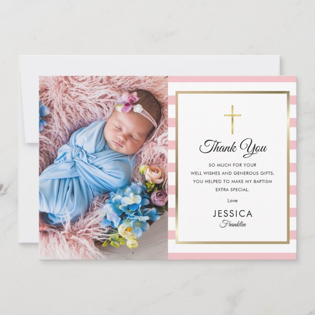 Guld Kor Rosa Rand Baptism Christening Photo Tack Kort (Framsida)