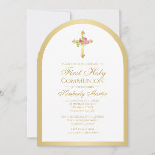 Guld Kor Rosa ros Blommigt Arch First Communion Inbjudningar