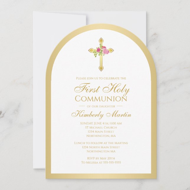 Guld Kor Rosa ros Blommigt Arch First Communion Inbjudningar (Framsida)