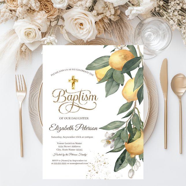 Guld Kor Watercolor Lemons botaniska Grönten Play Inbjudningar (Skapare uppladdad)