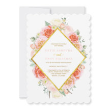Guld, korall, persika och rosabröllopinbjudningar