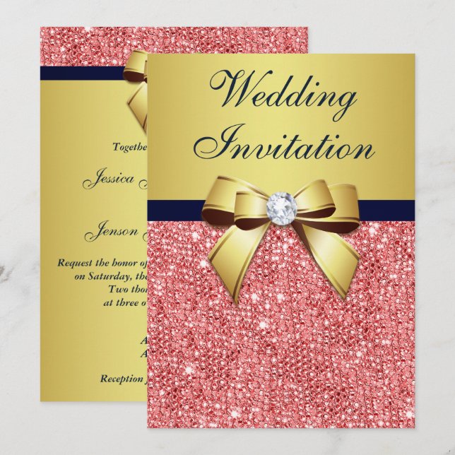 Guld korallsekvenser för Diamonds Bow Bröllop Inbjudningar (Fram/baksida)
