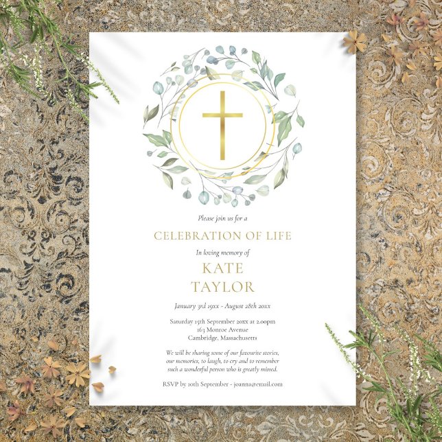 Guld Kors Grönskande Krans Livets Firande Inbjudningar (Gold Cross Greenery Garland Celebration of Life Invitation)
