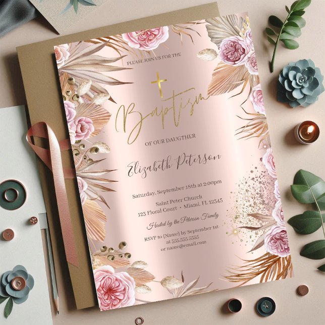 Guld Kors Pampas Gräs Boho Blommor Dop Inbjudningar (Skapare uppladdad)