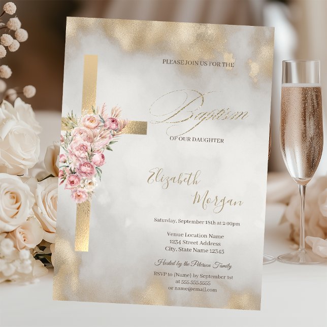 Guld Kors Rosa Blommor Dop Glitter Guld Inbjudningar (Skapare uppladdad)