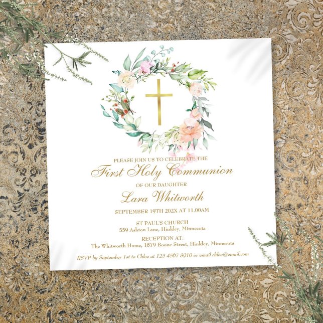 Guld Kors Vattenfärg Blommig Första Nattvarden Inbjudningar (Gold Cross Watercolor Floral First Holy Communion Invitation)