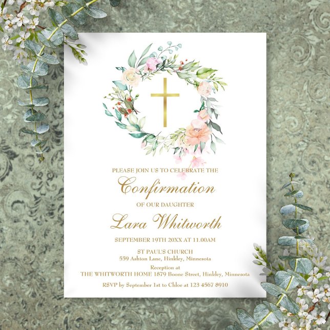 Guld Kors Vattenfärg Blommig Konfirmation Inbjudan Vykort (Gold Cross Watercolor Floral Confirmation Invitation Postcard)