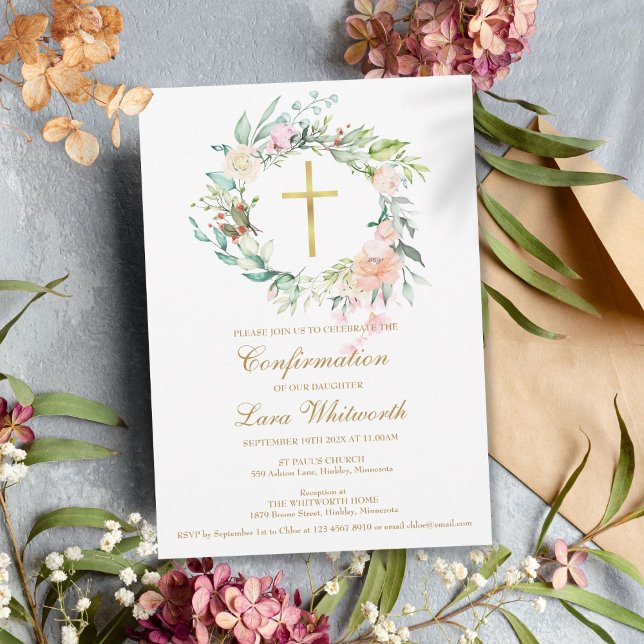 Guld Kors Vattenfärg Blommig Konfirmation Inbjudningar (Gold Cross Watercolor Floral Confirmation Invitation)