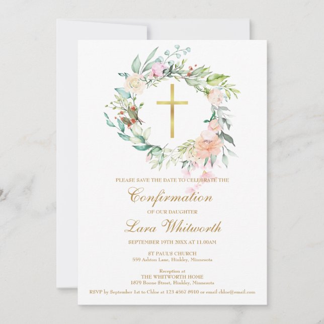 Guld Kors Vattenfärg Blommig Konfirmation Spara Datumet (Framsida)