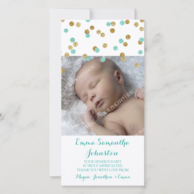 Guld- kort för foto för blåtttackbaby shower (Framsida)
