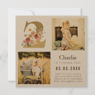 Guld Kraft Foil 2 2nd Birthday Photo Cards Inbjudningar