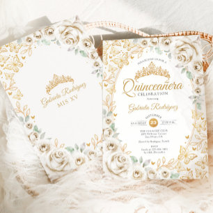 Guld Kräm Blommig Quinceanera Inbjudningar