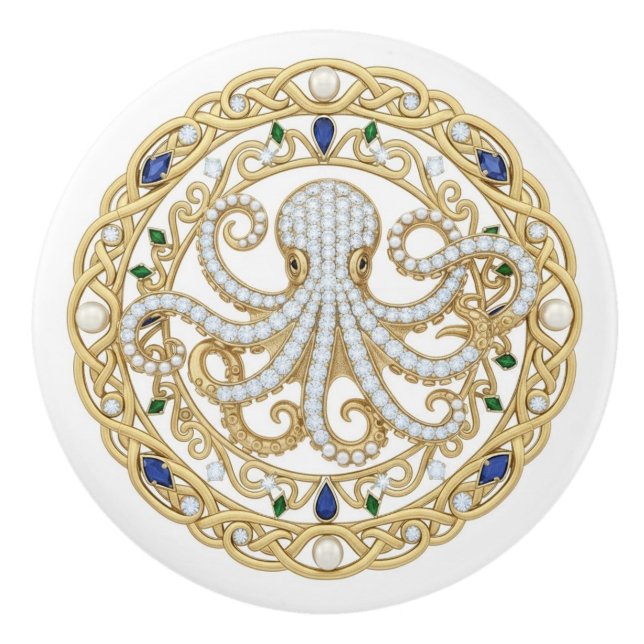 Guld kristall hav havsbläckfisk 2D-grafik ädelsten Knopp (Framsidan)