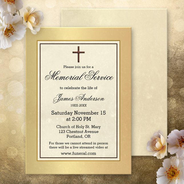 Guld kristen klassisk begravnings minnestjänst inbjudningar (Memorial, funeral service or celebration of life invitation featuring a a classic Christian design)