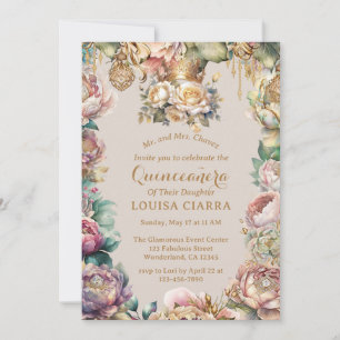 Guld Krona Diamond Flowers Quinceanera Inbjudningar