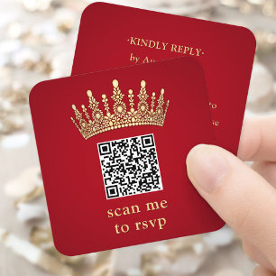 Guld Krona Elegant Röd Quinceañera Skanna Mig QR R Tilläggskort