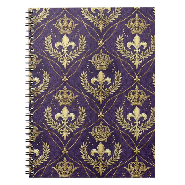Guld Krona Fleur-de-lis Kunglig Lila Mönster Konst Anteckningsbok (Framsidan)