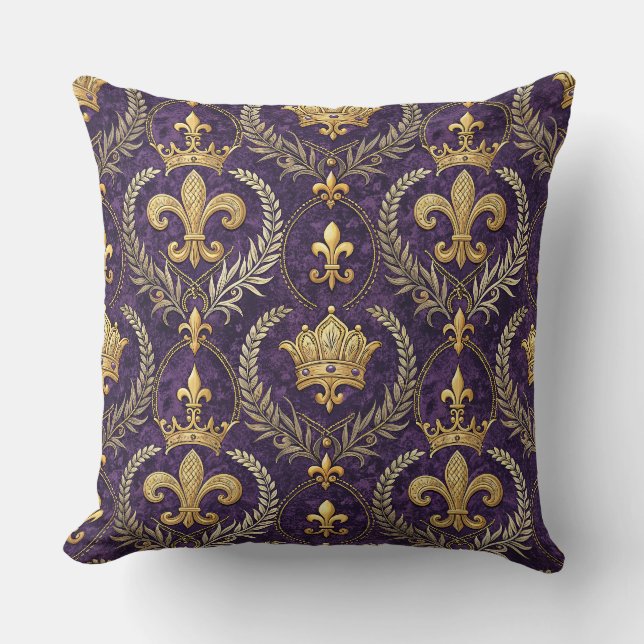 Guld Krona Fleur-de-lis Royal Lila Mönstertryck Kudde (Framsida)
