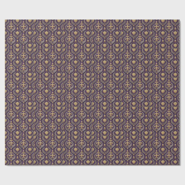 Guld Krona Fleur-de-lis Royal Lila Mönstertryck Presentpapper (Platt)