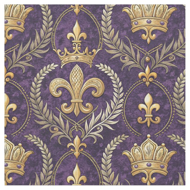 Guld Krona Fleur-de-lis Royal Lila Mönstertryck Tyg (Närbild)