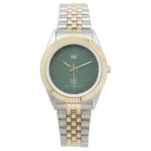 Guld Krona Grönt Metallic Watch Armbandsur