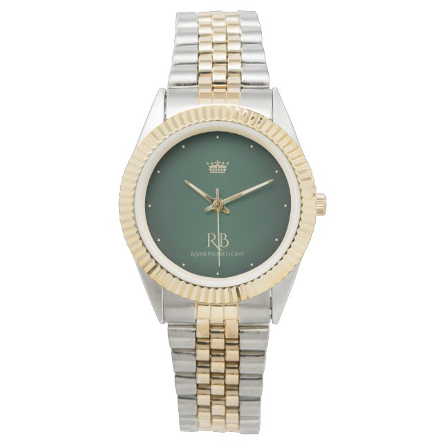 Guld Krona Grönt Metallic Watch Armbandsur (Framsida)