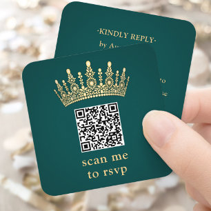 Guld Krona Mörk Grön Quinceañera Skanna Mig QR RSV Tilläggskort