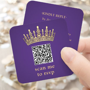 Guld Krona Mörklila Quinceañera Skanna mig QR RSVP Tilläggskort