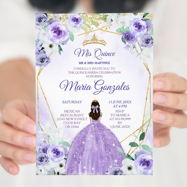 Guld Krona och Lila blommor Quinceañera Inbjudningar (Skapare uppladdad)
