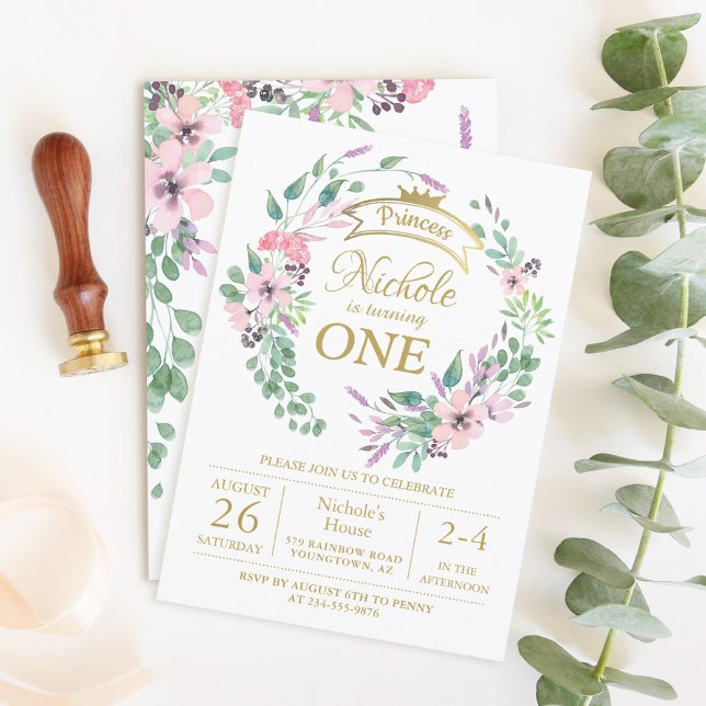 Guld Krona Princess Blommigt Girl 1st Birthday Inbjudningar (Skapare uppladdad)