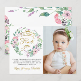 Guld Krona Princess Blommigt Girl Birthday Photo Tack Kort