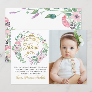Guld Krona Princess Blommigt Girl Birthday Photo Tack Kort