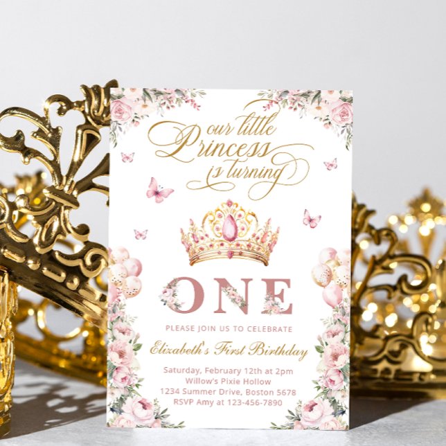 Guld Krona Princess  Rosa Blommigt Birthday Inbjudningar (Skapare uppladdad)