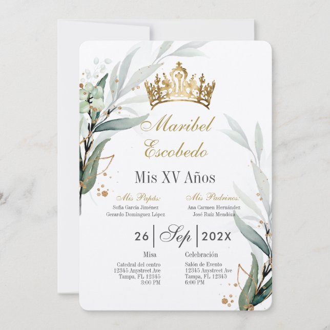 Guld krona quinceañera-inbjudan inbjudningar (Framsida)