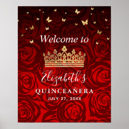 Guld Krona Röd ros Quinceanera Välkommen Party Poster