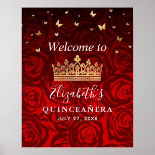 Guld Krona Röd ros Quinceanera Välkommen Party Poster