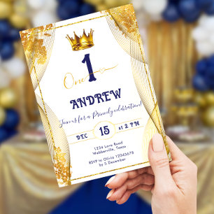 Guld Krona Royal Blue Prince Boy 1st Birthday Inbjudningar